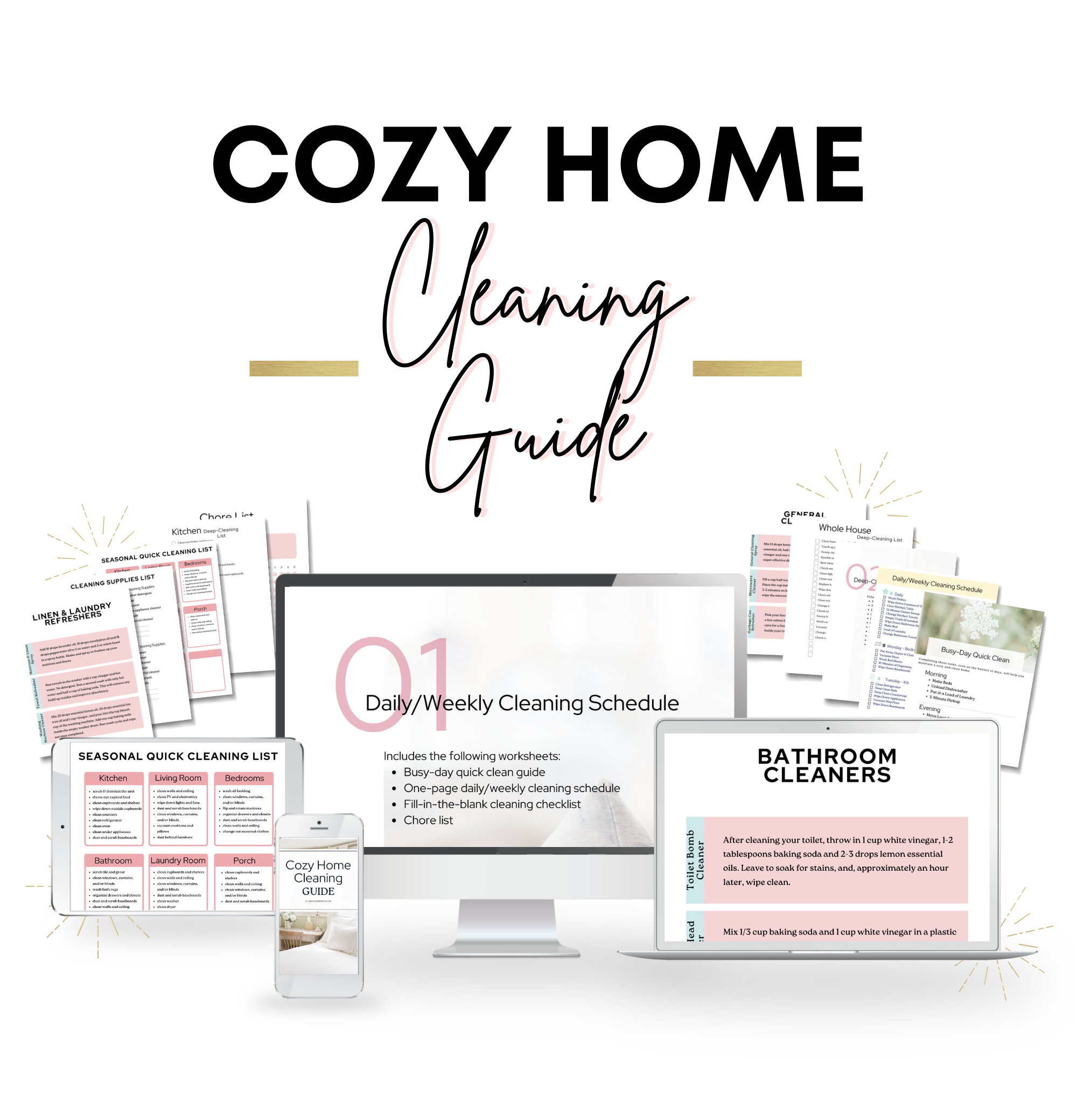this is a mockup of the internal pages of our cozy home cleaning guide on a binder on digital platforms such as a desktop, laptop, tablet, and phone.