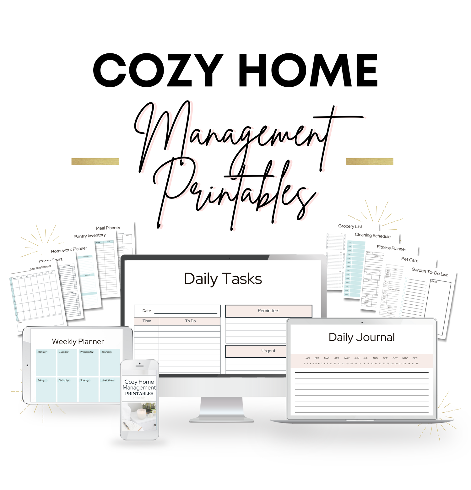 this is a mockup of our cozy home management printables on a tablet screen, desktop, laptop, and phone.