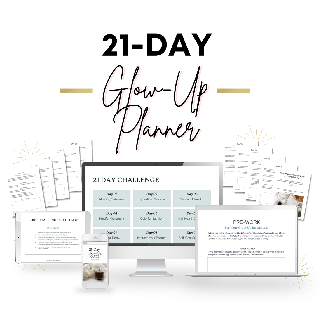 This is a mockup of the internal pages of our 21-day glow-up guide on digital platforms such as a desktop, laptop, tablet, and phone.