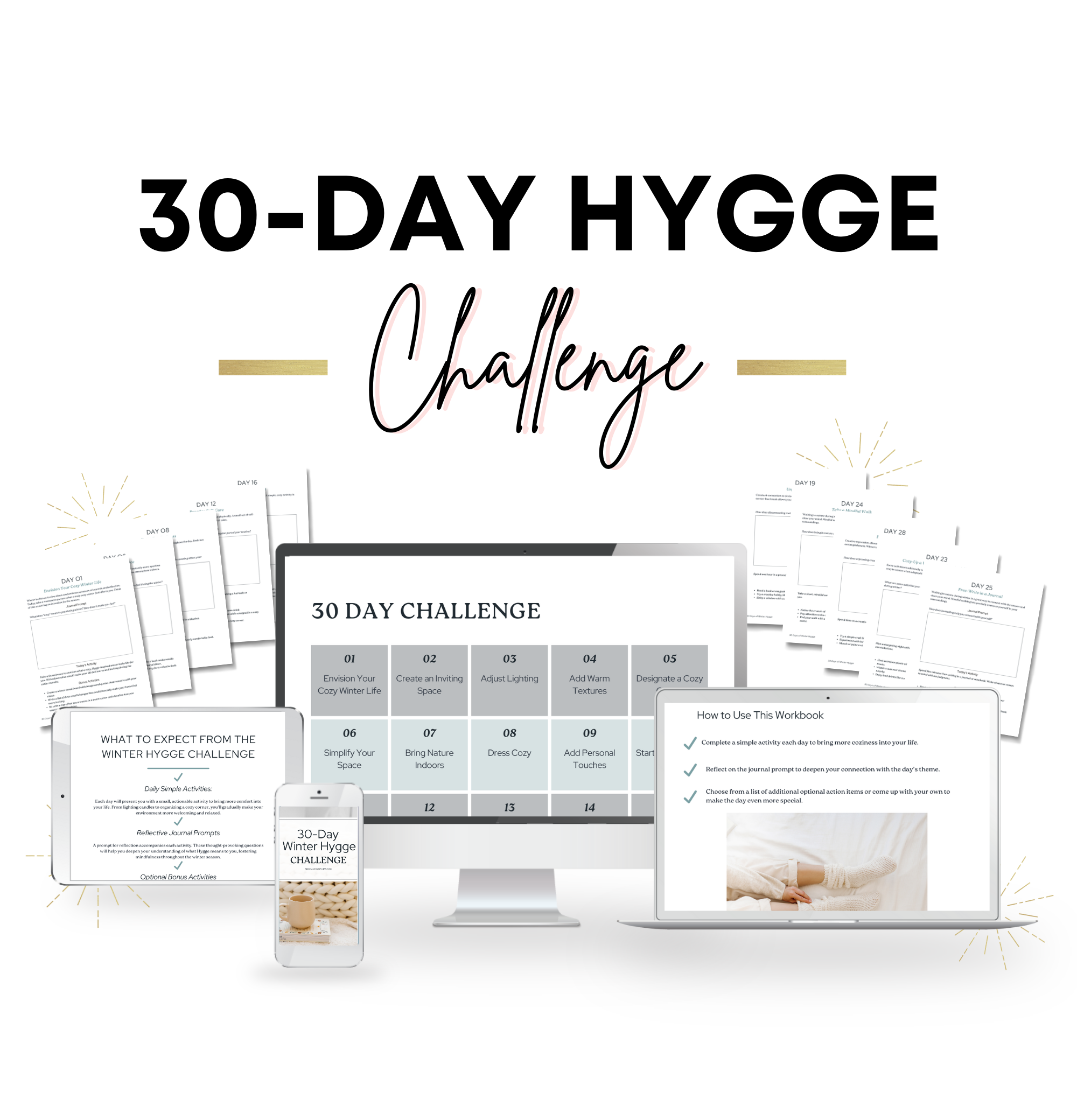 This is a mockup of the 30-day winter hygge challenge printable guide pages.