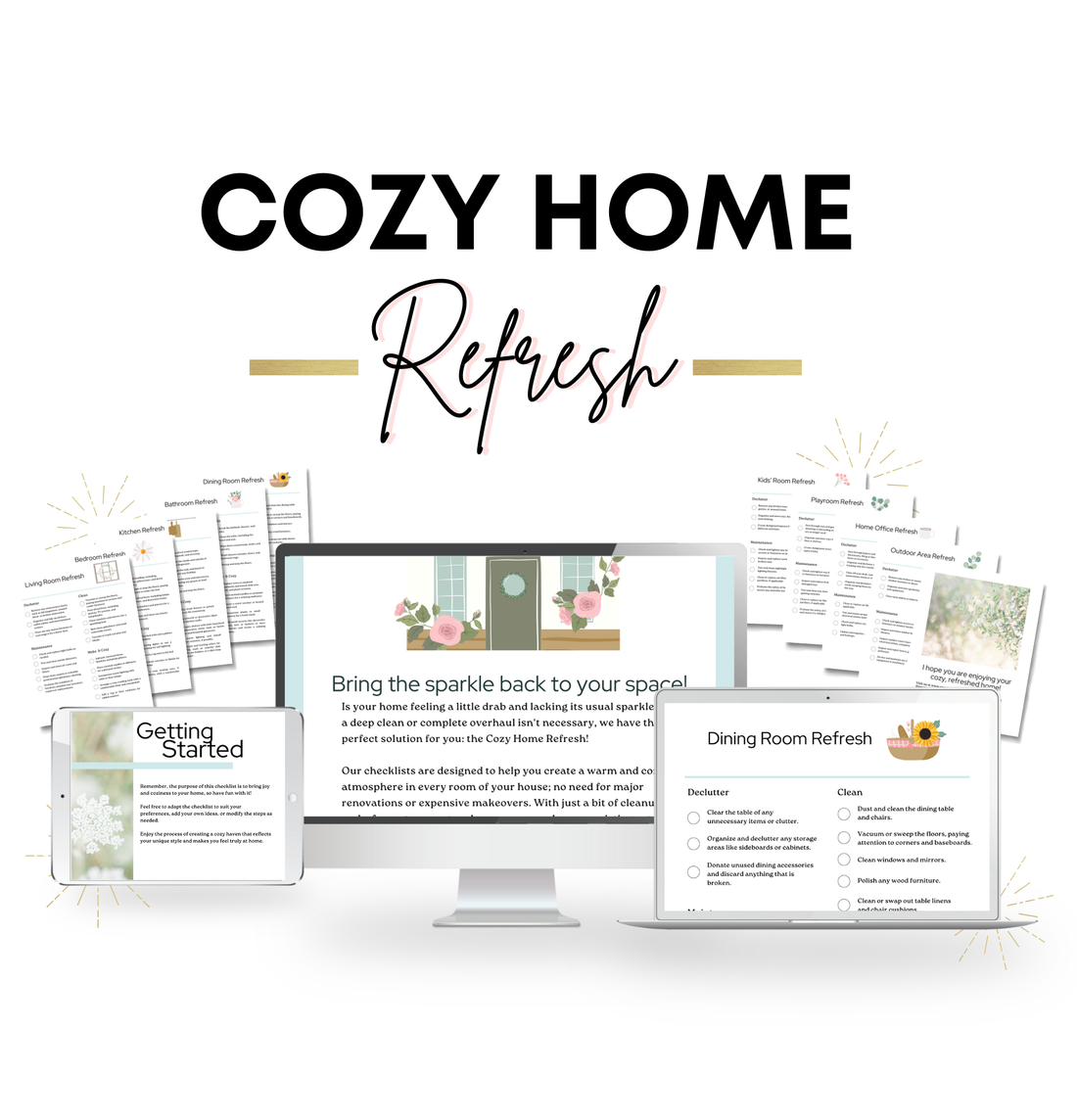 this is a mockup of our cozy home refresh guide and checklists set on a digital screen of desktop, laptop, and tablet displays.