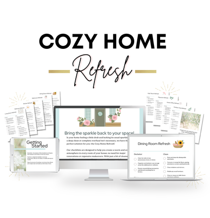 this is a mockup of our cozy home refresh guide and checklists set on a digital screen of desktop, laptop, and tablet displays.