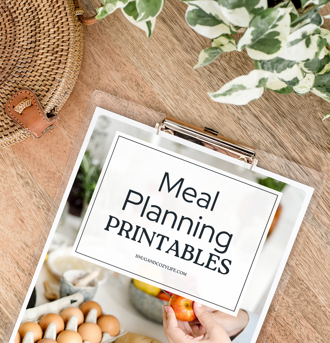 This is a mockup of our Family Meal Planning Printables on a clipboard on a table with a plant in the background.