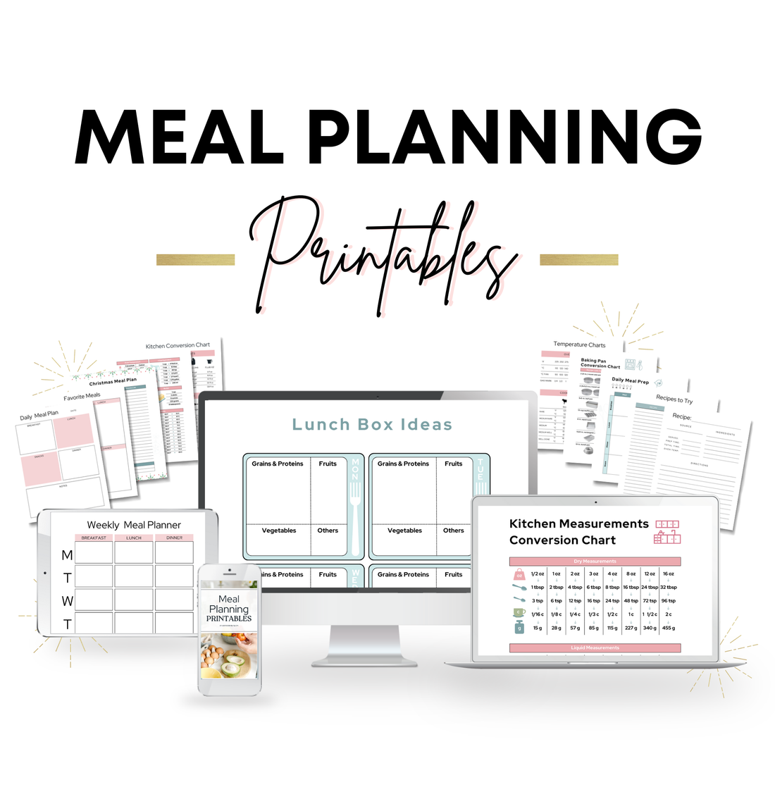 This is a mockup of our Family Meal Planning Printables internal pages on digital platforms such as a desktop, laptop, tablet, and phone.